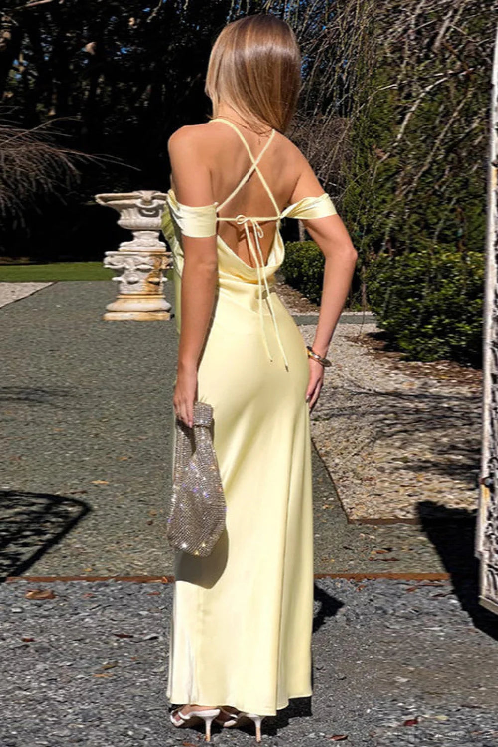 Satin Off Shoulder Backless Tie Cami Maxi Dress