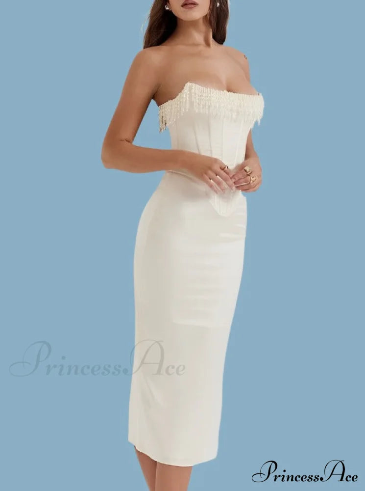 Satin Pearl Tassel Charming Corset Tube Midi Dress