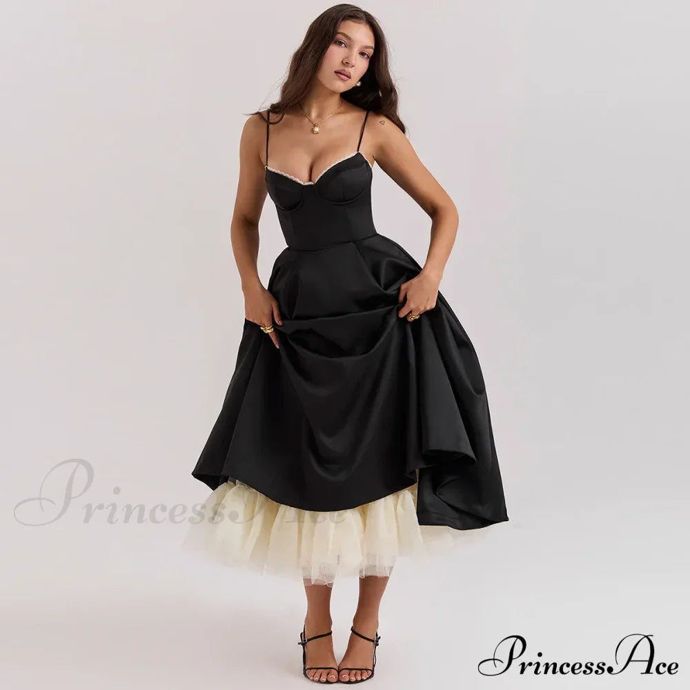 Satin Tulle Flare Charming Strap Cupped Midi Dress