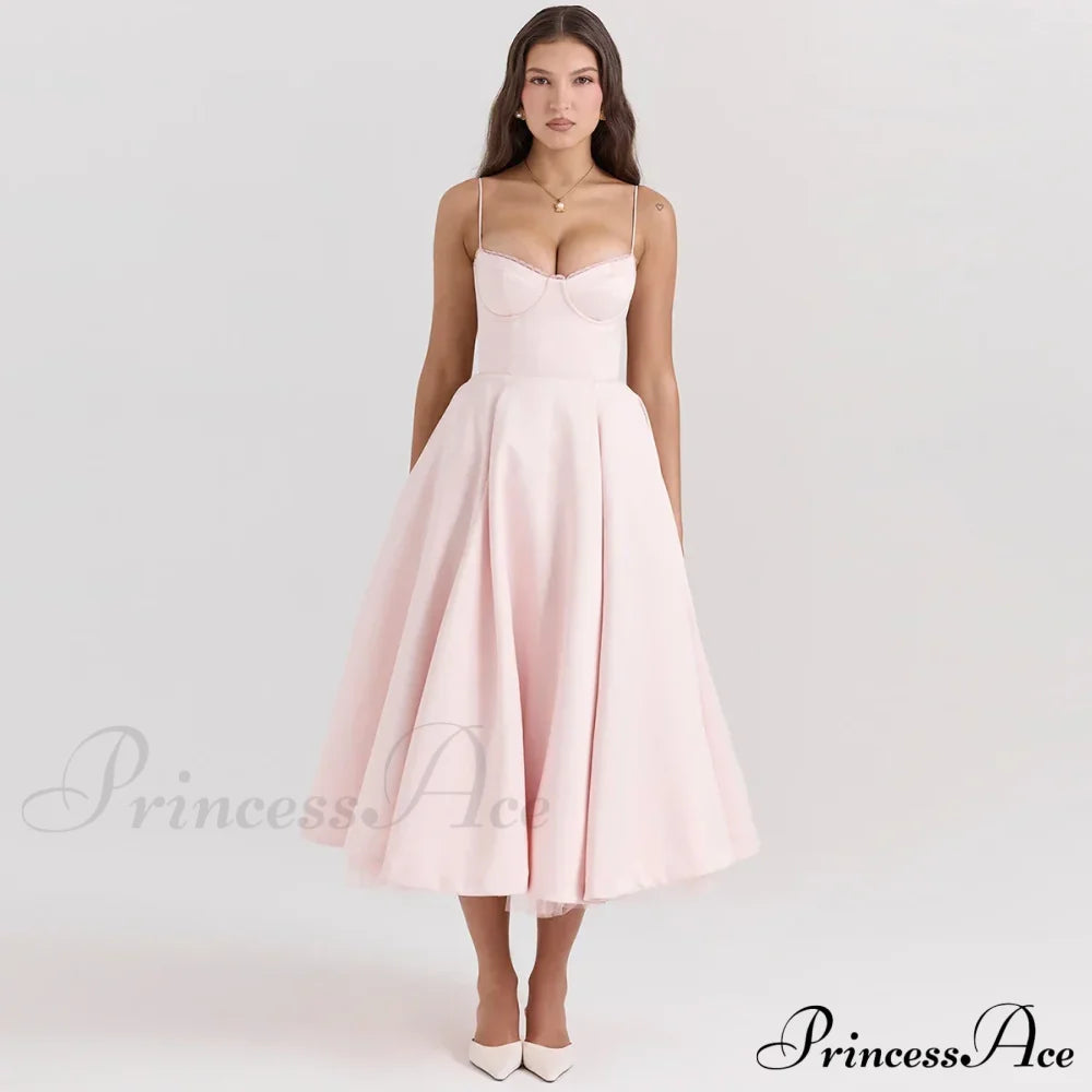 Satin Tulle Flare Charming Strap Cupped Midi Dress