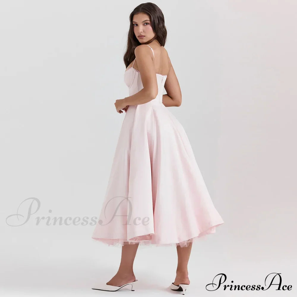Satin Tulle Flare Charming Strap Cupped Midi Dress