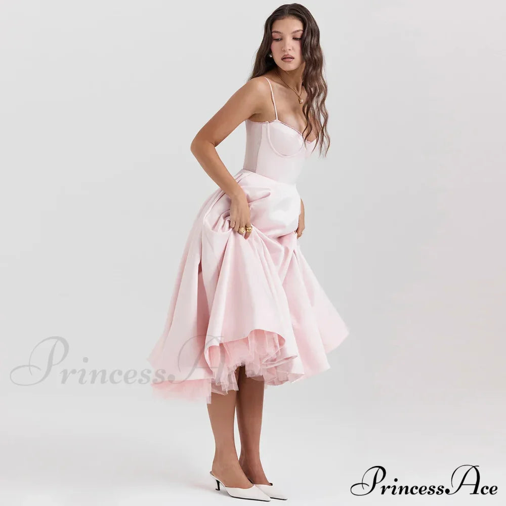 Satin Tulle Flare Charming Strap Cupped Midi Dress