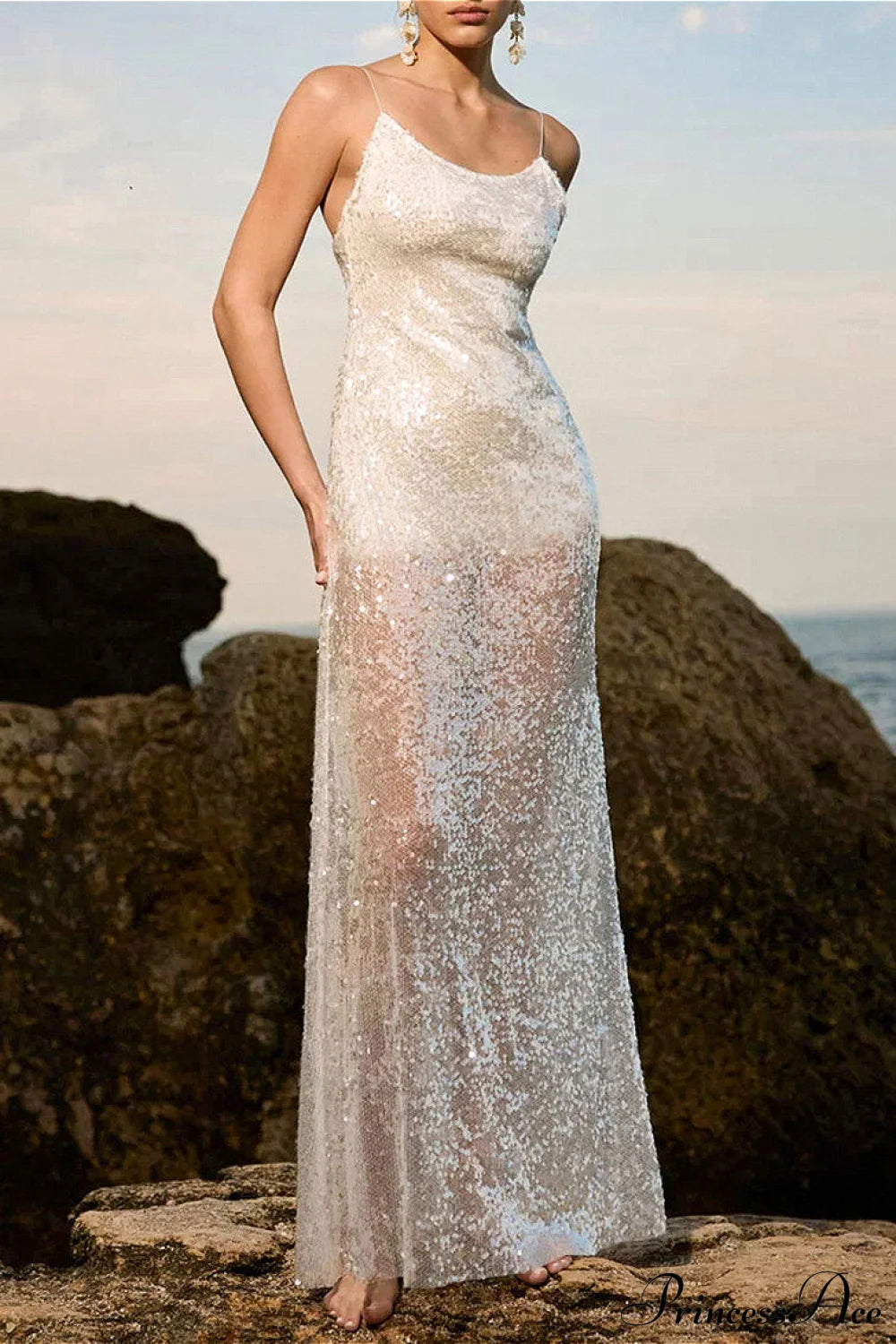 Sequin Backless Cami Stylish Maxi Dress White / S