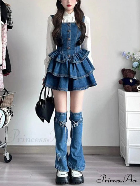 Set Y2K Vintage Sleeveless Korean Camisole Women Jean Autumn Piece Mini 3 Gown Slim Denim Fashion