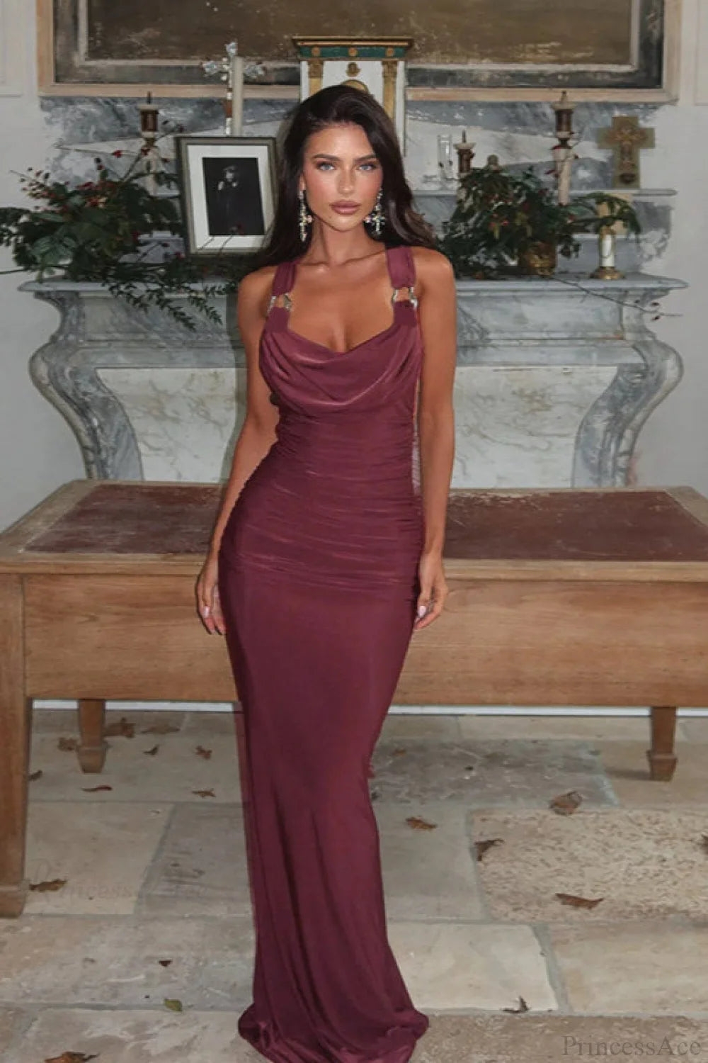 Sexy Peter Pan Halter Backless Bodycon Maxi Dress