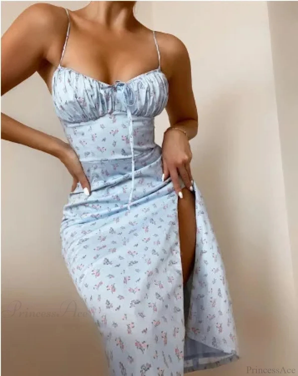 Sexy Spaghetti Strap Slit Floral Beach Party Dress Blue floral / S floraldress-250126