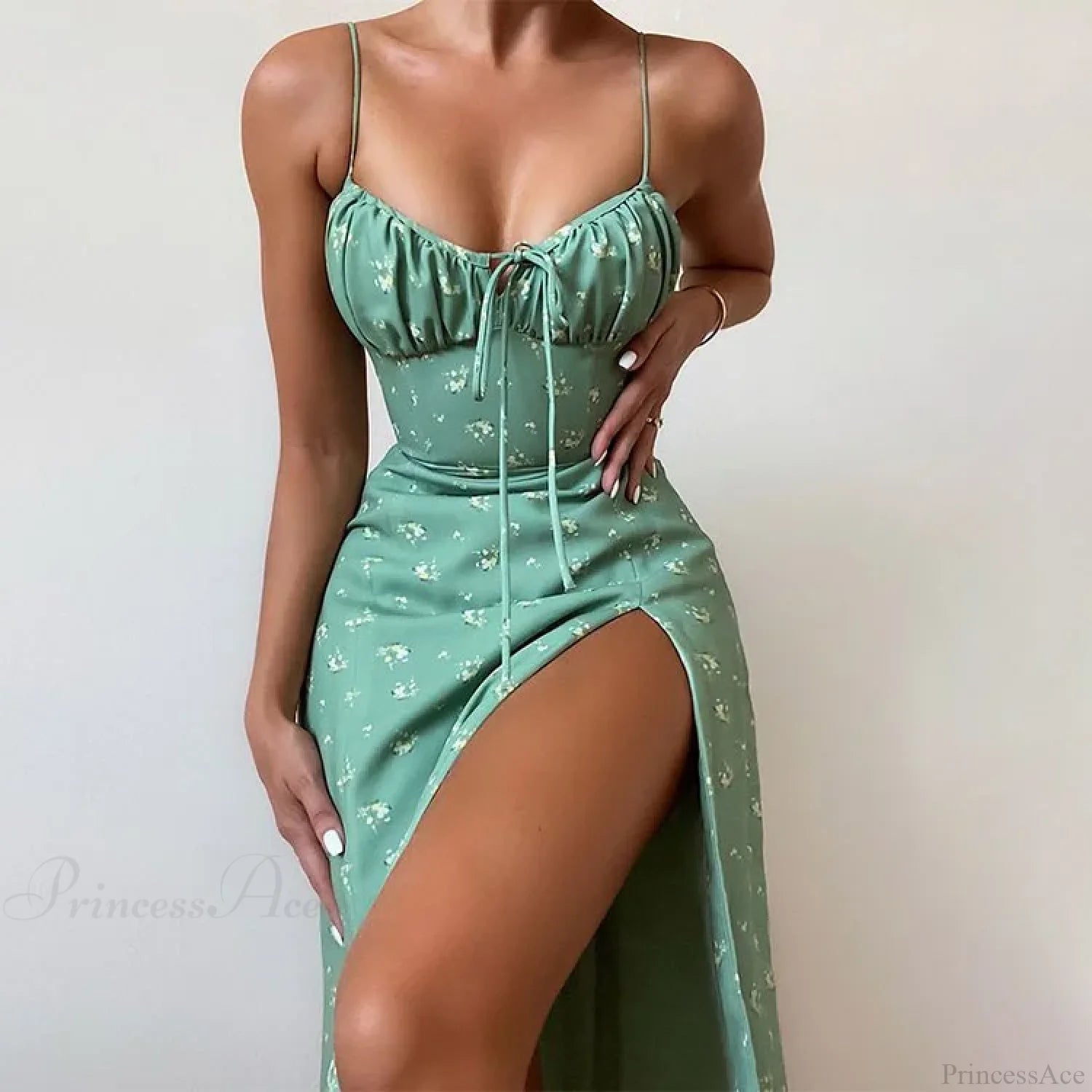 Sexy Spaghetti Strap Slit Floral Beach Party Dress Green 2 flower / S floraldress-250126