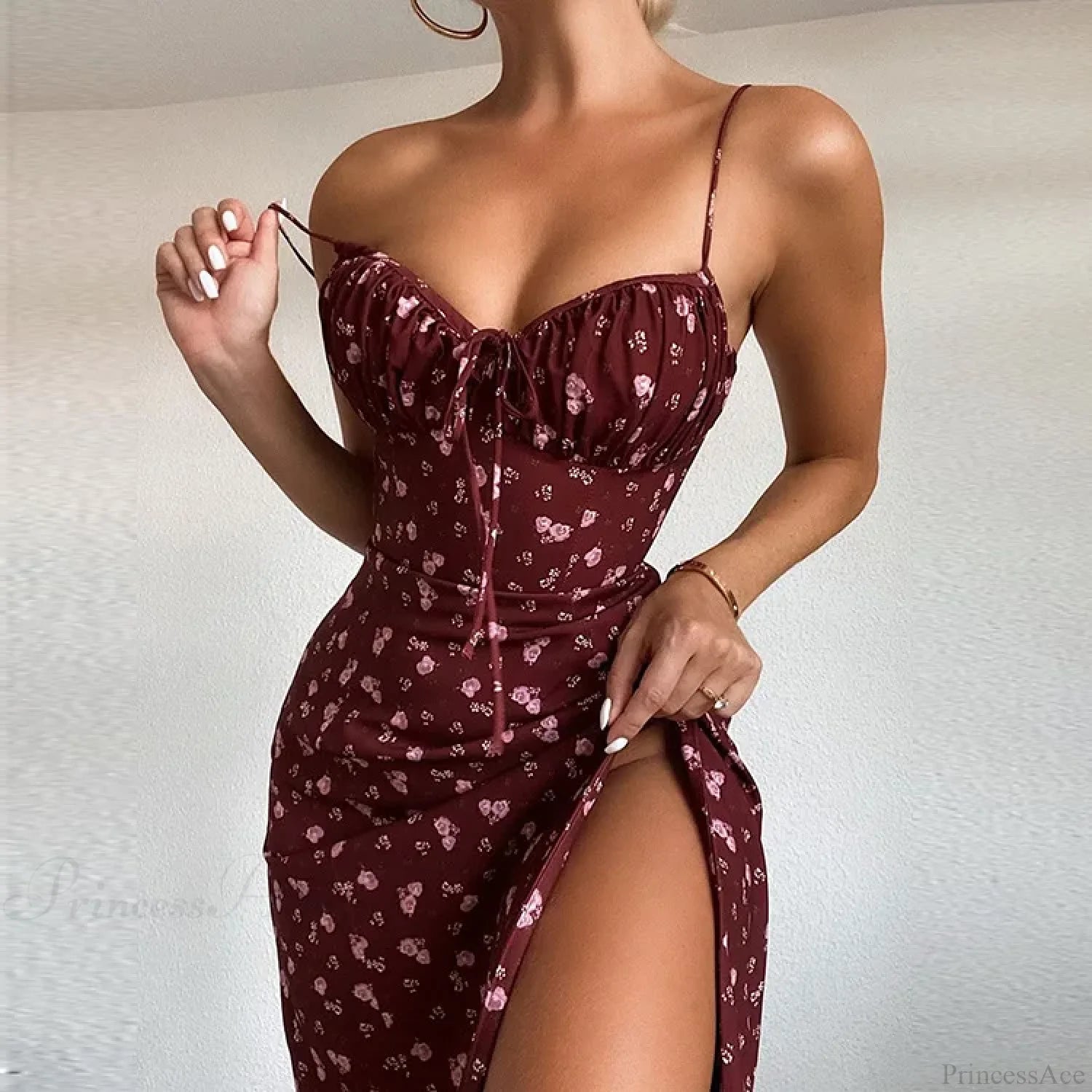 Sexy Spaghetti Strap Slit Floral Beach Party Dress Wine red / S floraldress-250126