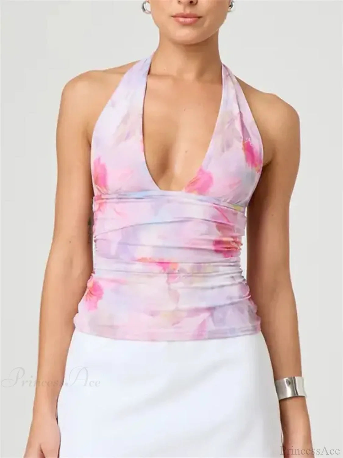 Sexy Tie-up Halter Tie-dye Ruched Crop Top croptop-250126
