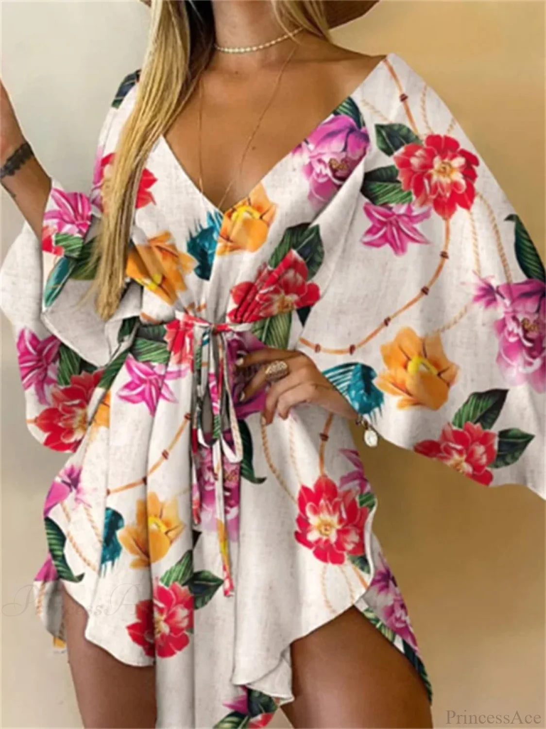 Sexy V-neck Bat Sleeve Bohemian Floral Beach Sundress oldfloraldress-250126
