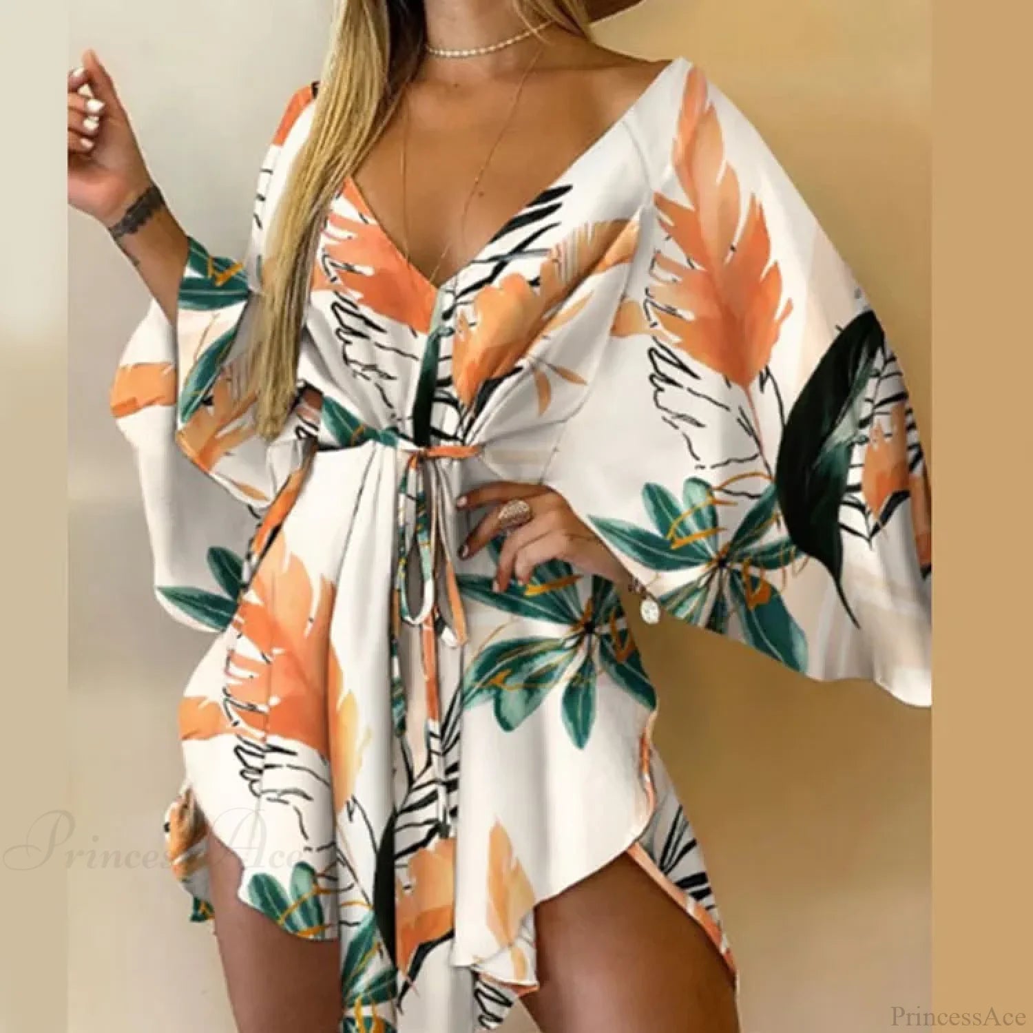 Sexy V-neck Bat Sleeve Bohemian Floral Beach Sundress Orange / S oldfloraldress-250126