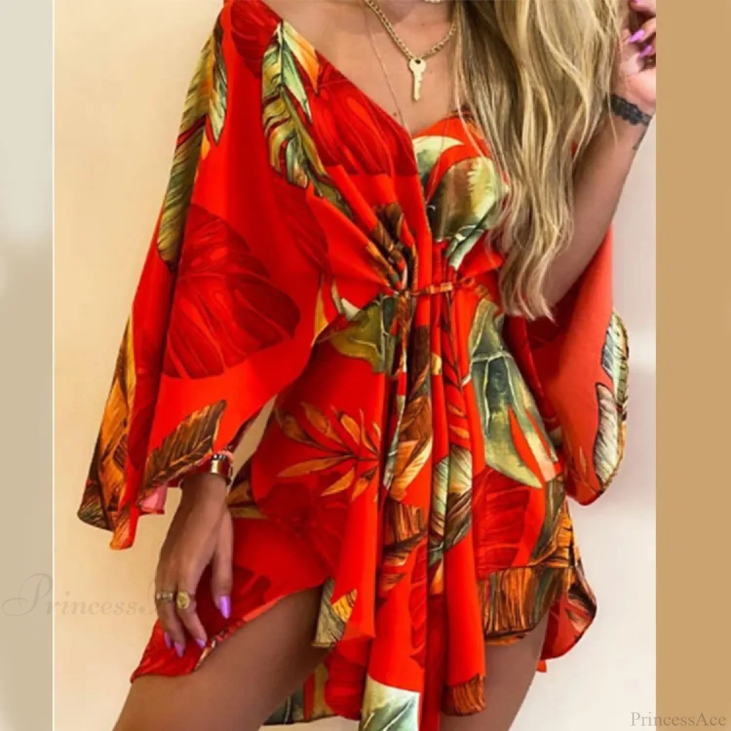 Sexy V-neck Bat Sleeve Bohemian Floral Beach Sundress Red / S oldfloraldress-250126