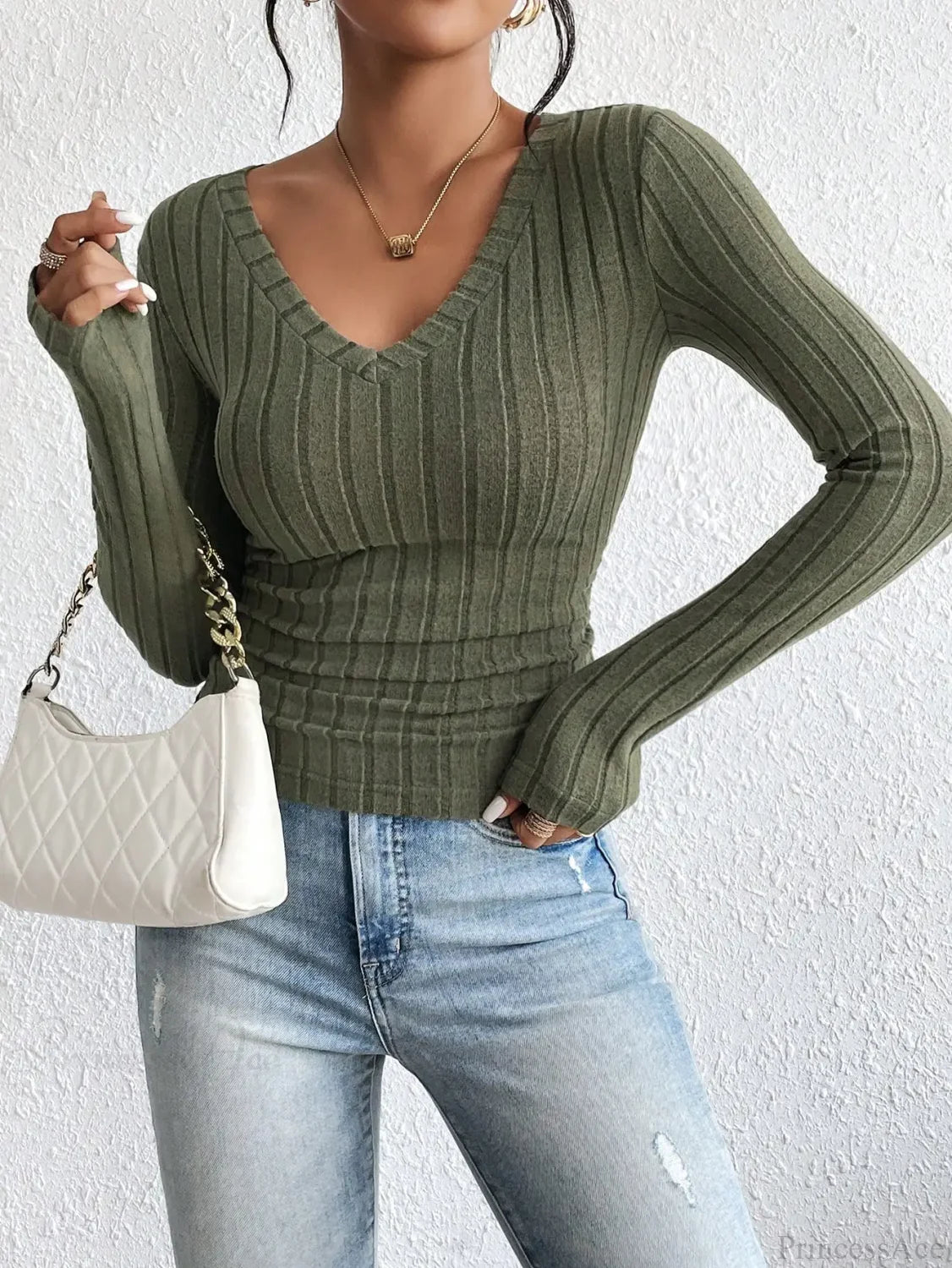 Sexy V-Neck High-Grade Spice Sweater Knitted T-shirt Women knittop-250126