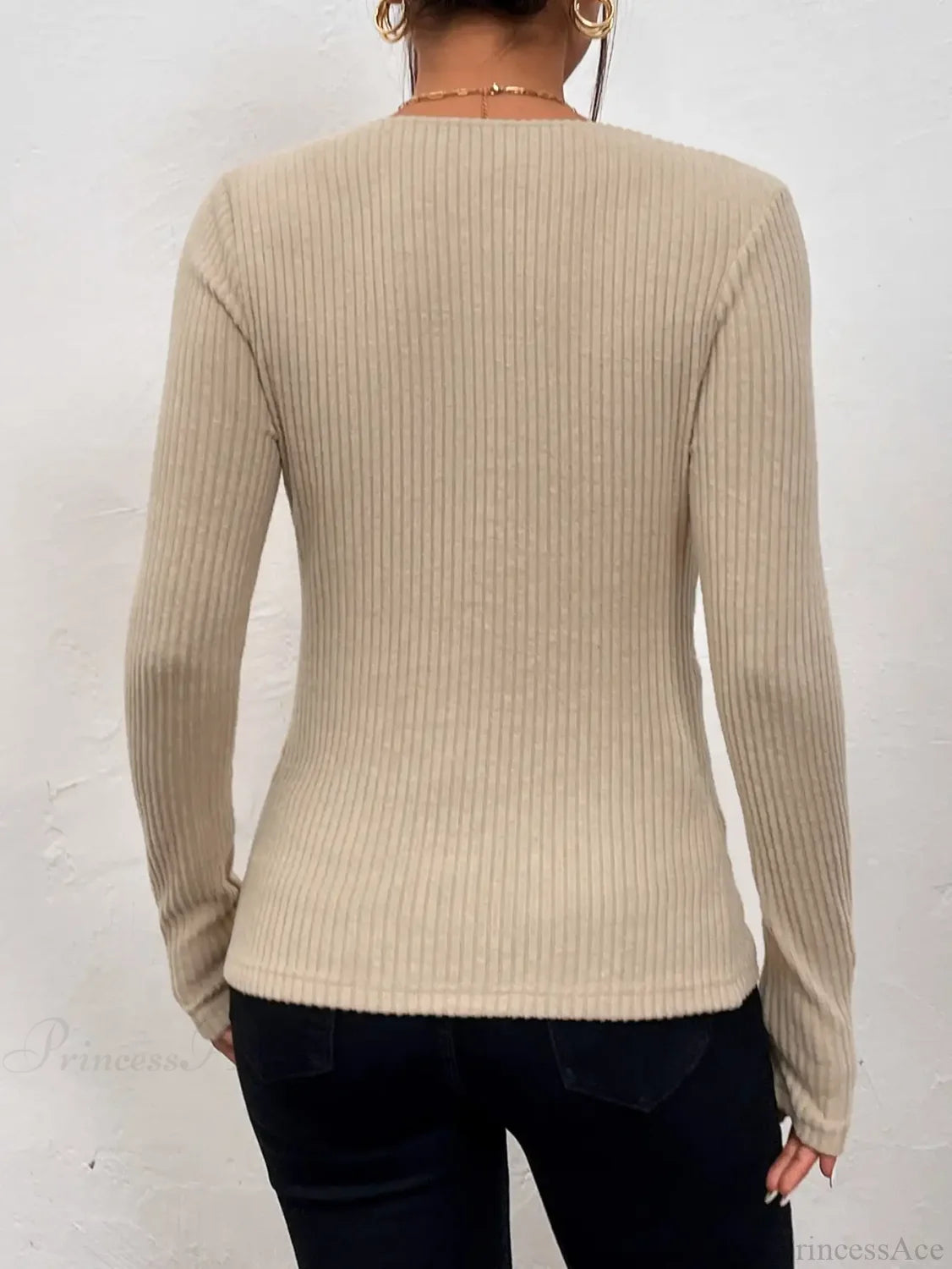 Sexy V-Neck Pleated Knotted Long Sleeve Knitted T-shirt Women knittop-250126