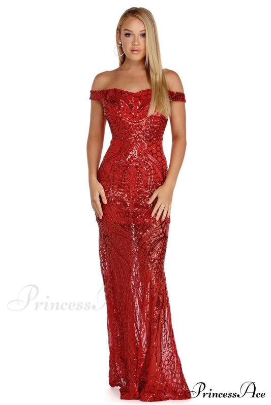 Shayla Off The Charming Shoulder Sequin Dress Red / S S.o. Long Dresses