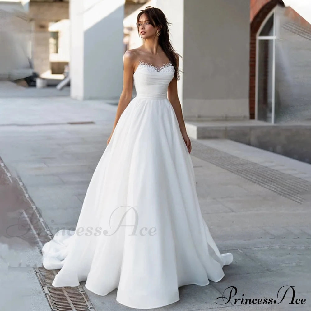 Sheer Beaded Peal Neck Modern Pleat A Lne Wedding Dress White / 2