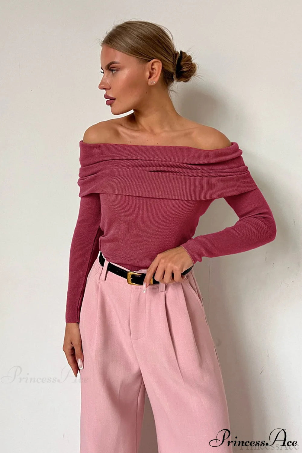 Sheer Off-Shoulder Fitted Solid Pullover Knit Top