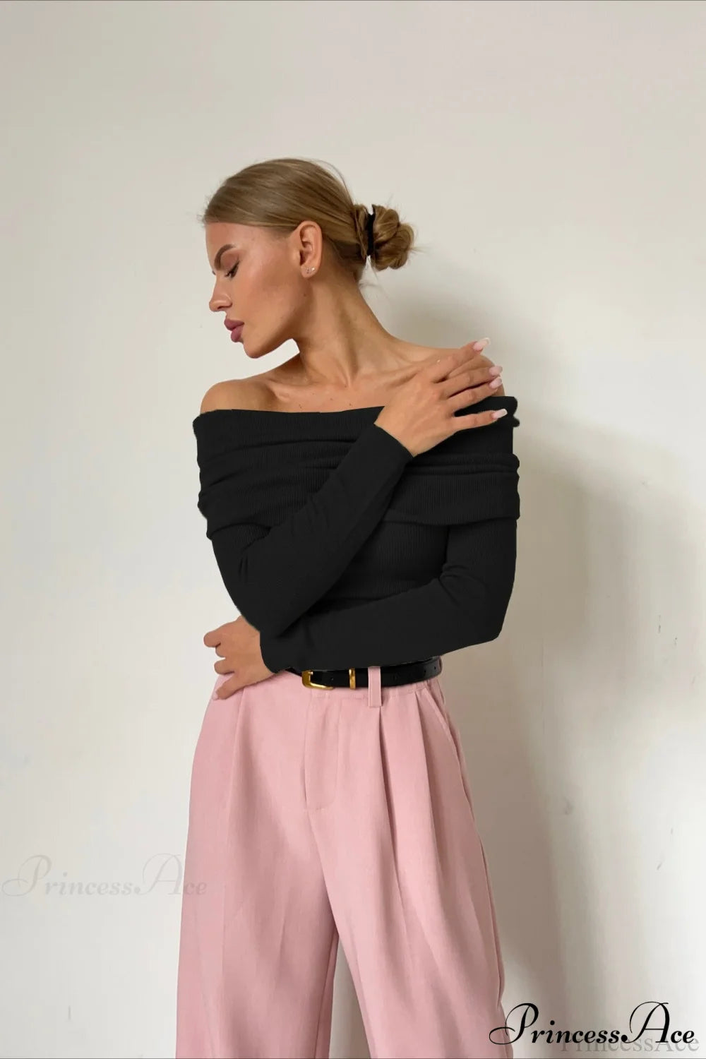 Sheer Off-Shoulder Fitted Solid Pullover Knit Top Black / S