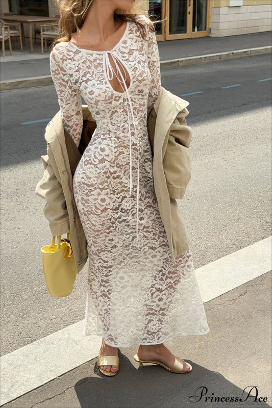 Sheer Round Neck Lace Long Sleeve Elegant Maxi Dress
