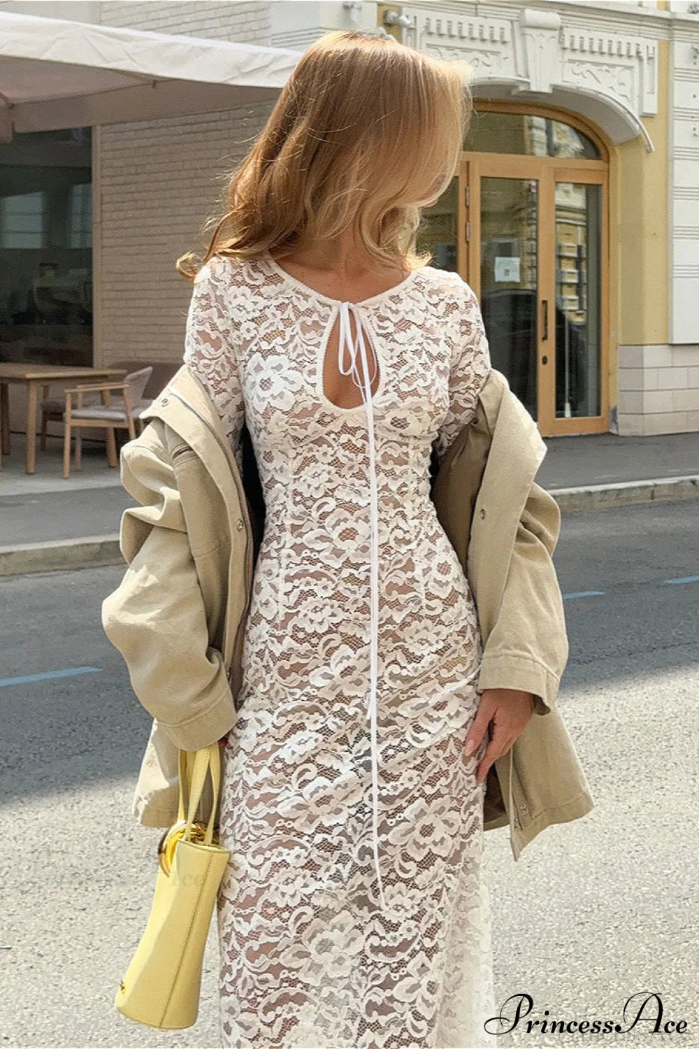 Sheer Round Neck Lace Long Sleeve Elegant Maxi Dress