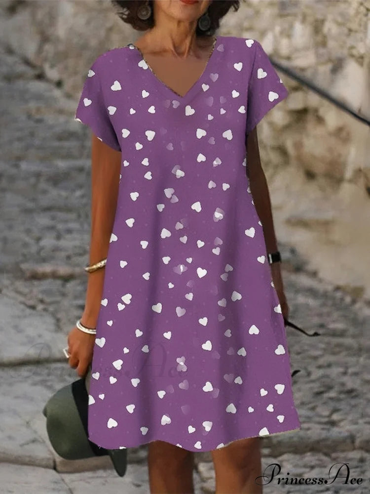 Shift Arm V Casual In Gown Design Neck Heart Brief Black S / Black Heart Print Dress