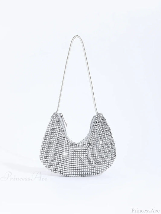 Shiny Rhinestone Zippered Solid Evening Clutch Bag Silver clutchbag-250126