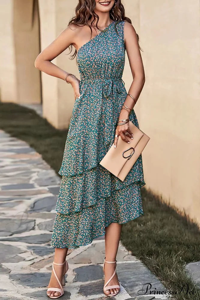 Shoulder One With Trim Gown Green Ruffle Print S / Black One Shoulder Print Maxi Dress