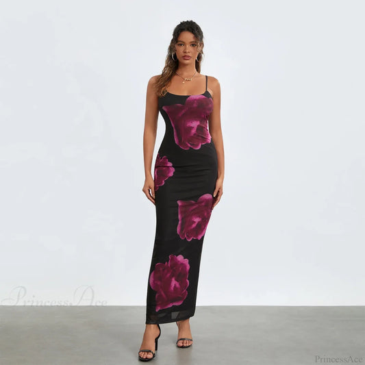 Sleeveless Spaghetti Strap Floral Split Back Hem Dress Black / S floraldress-250126