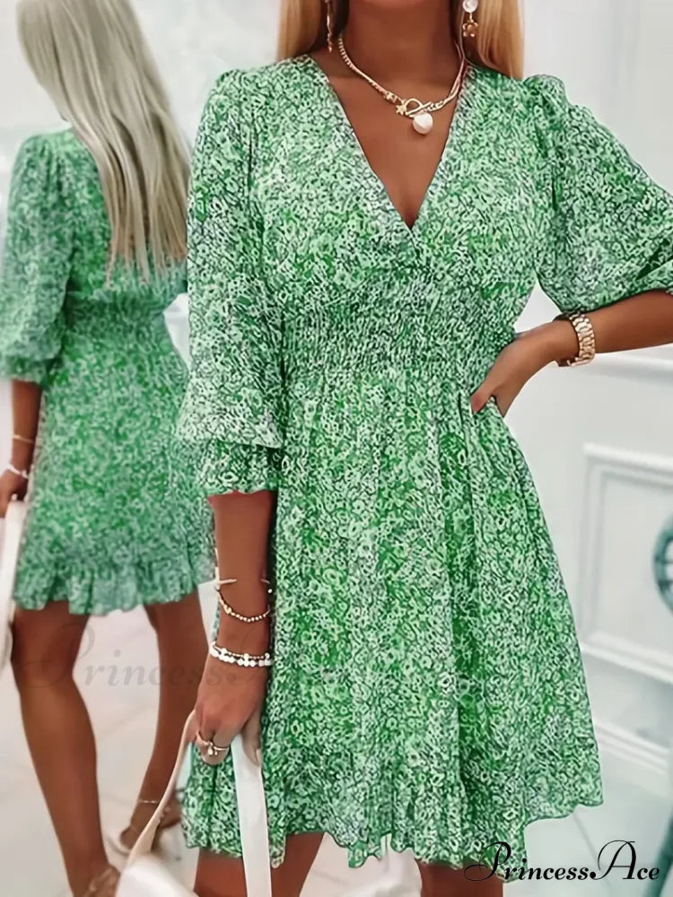Sleeves With Gown Green And Puff Flowered Bohemian Print S / Blue Green V Neck Summer Dress