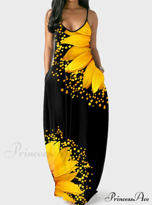 Slim Casual With Trim Ruffles Colorblock Women’s Gown Print S / Yellow Dresses