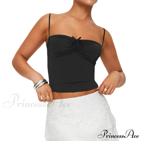 Slim Fit 3D Bow Ruched Sweetheart Neck Backless Spaghetti Strap Stylish Elegant Crop Top Black / S