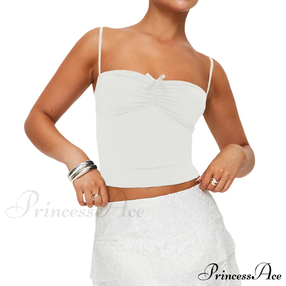 Slim Fit 3D Bow Ruched Sweetheart Neck Backless Spaghetti Strap Stylish Elegant Crop Top White / S