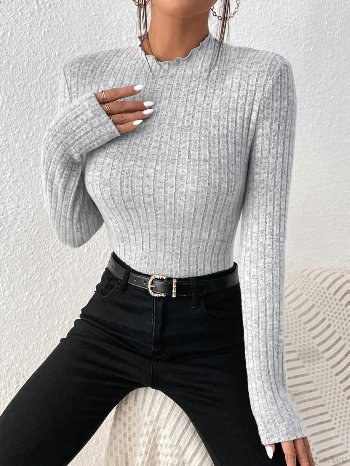 Slim Ruffle Neck Lace Mid-Collar Striped Sweater Knit Top Women GRAY / XS knittop-250126