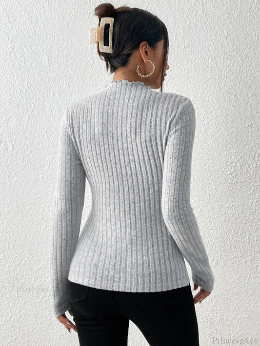 Slim Ruffle Neck Lace Mid-Collar Striped Sweater Knit Top Women knittop-250126