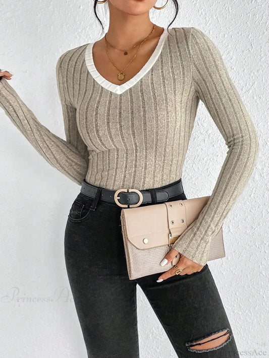 Slim Sexy V-Neck Neck Edge Clash Pullover Top Women GRAY / XS knittop-250126