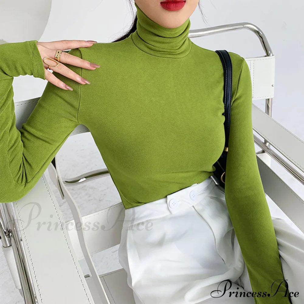 Slim Velvet Turtleneck Minimalist Tops Avocado Green / S