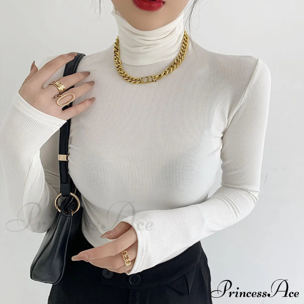 Slim Velvet Turtleneck Minimalist Tops White / S