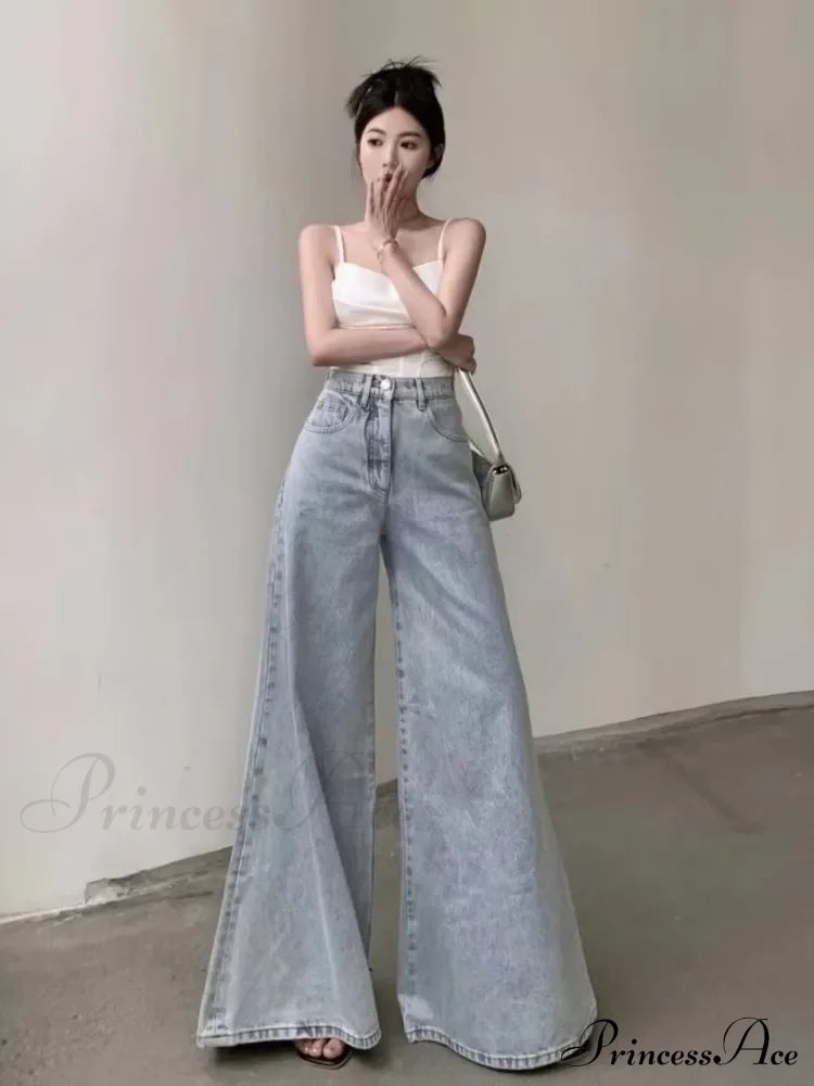 Slimming Vintage Flared Loose Fitting High-Waisted Denim Mop Floor Length Jean