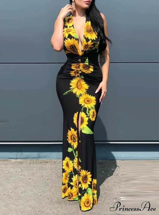 Slit Sunflower Gown Full-Length In Plunge Design Black S / Black Dresses