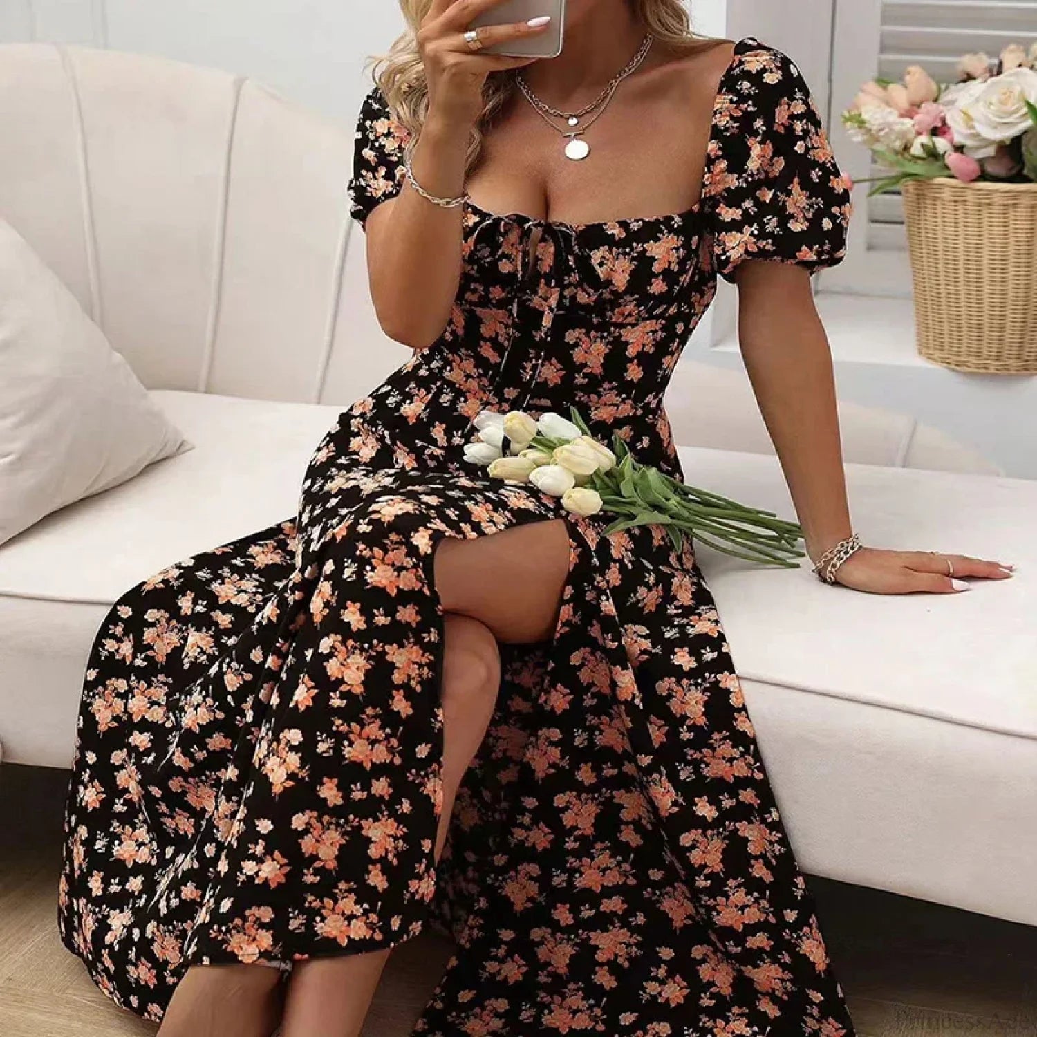 Small Fresh Floral Slim Fit Slit Camisole Floral Dress Black / S floraldress-250126