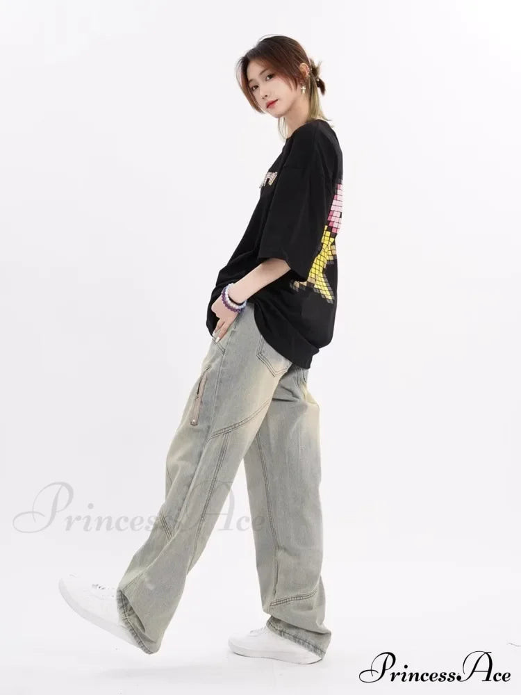 Small High Street Distressed Trendy Brand Washed Vintage Versatile Loose Wide Leg Women’s Jean