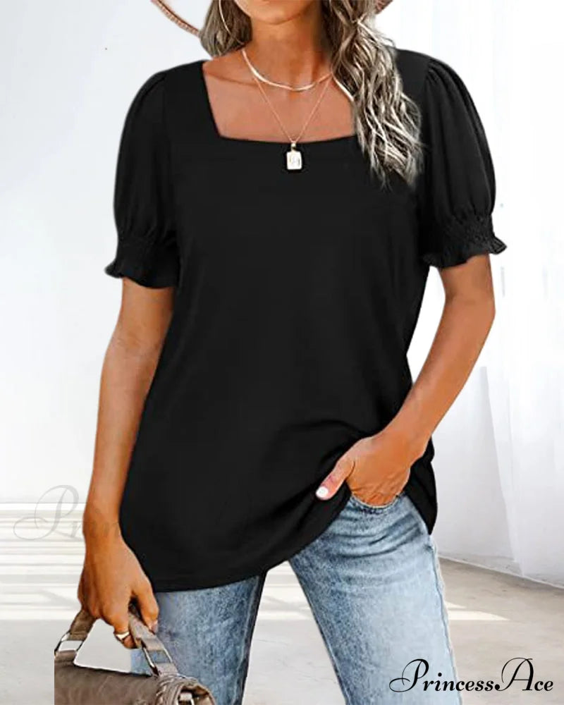 Solid Color Square Neck T-shirt Black 23BF clothes Short Sleeve Tops Summer T-shirts Tops/Blouses