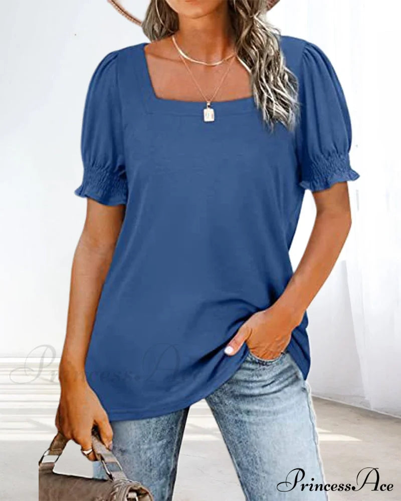 Solid Color Square Neck T-shirt Blue 23BF clothes Short Sleeve Tops Summer T-shirts Tops/Blouses