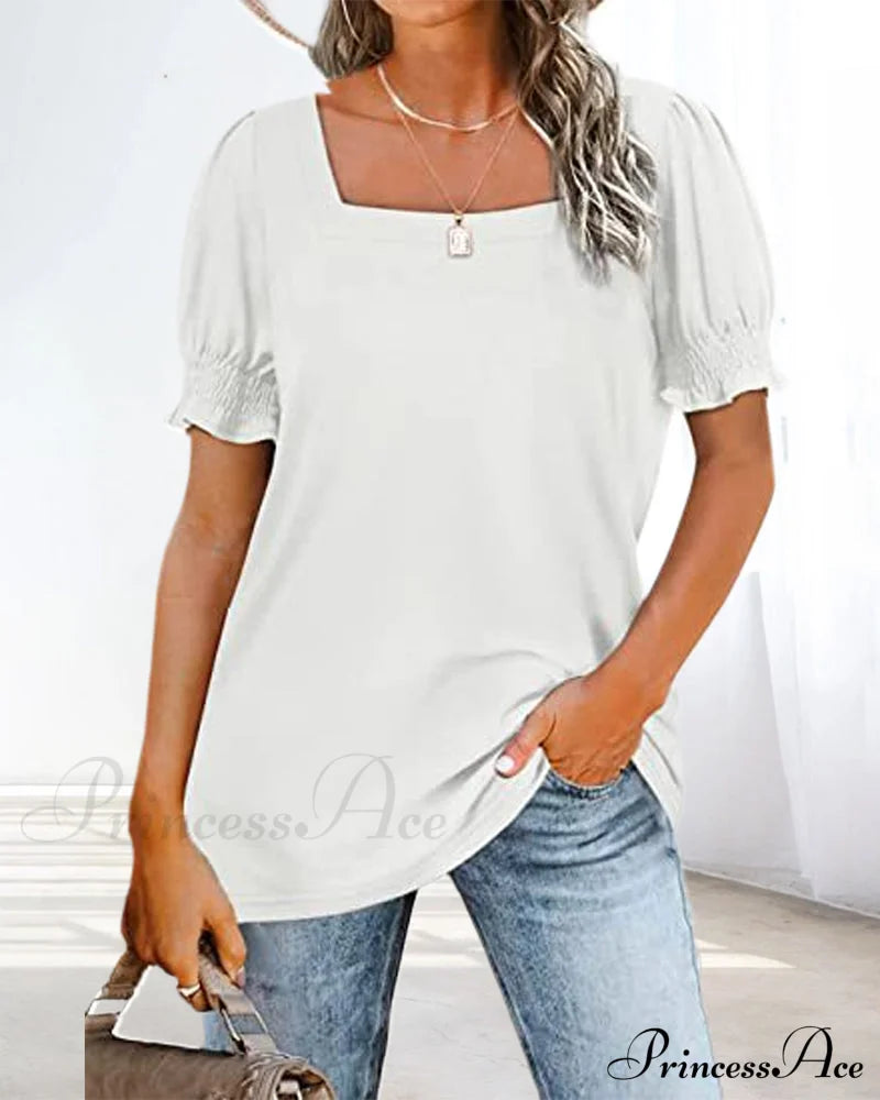 Solid Color Square Neck T-shirt White 23BF clothes Short Sleeve Tops Summer T-shirts Tops/Blouses