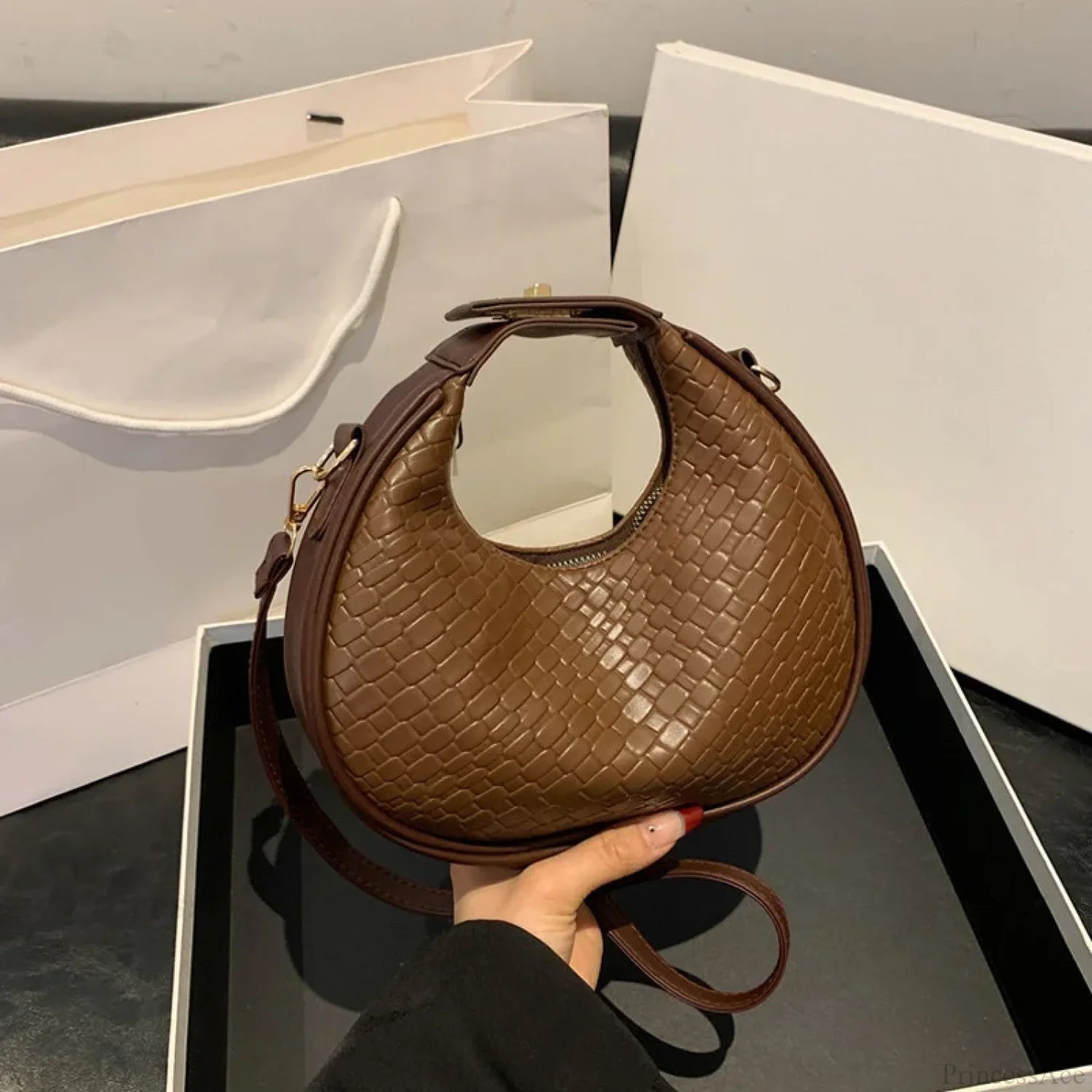 Solid Color PU Leather Lattice Crossbody Handbag coffee handbag-250126