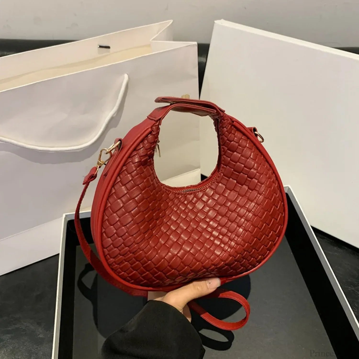 Solid Color PU Leather Lattice Crossbody Handbag Red handbag-250126
