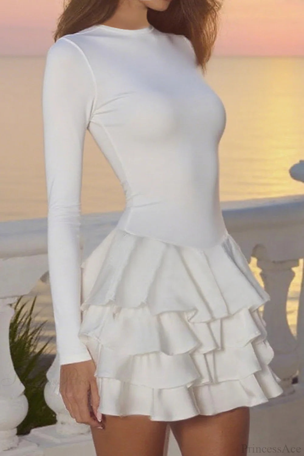 Solid Crew Neck Slim High Waist Puff Mini Dress