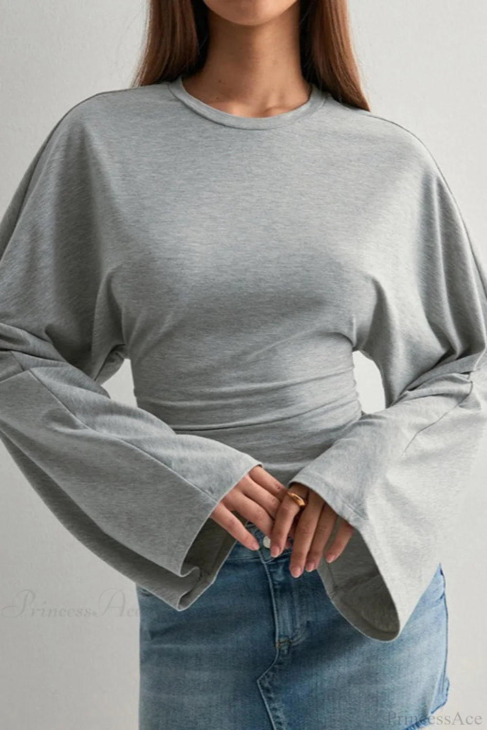 Solid Crew Neck Wide Sleeve Waist Cinched Long Sleeve Tee