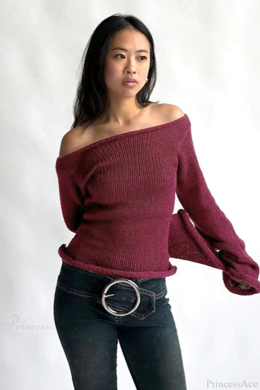 Solid Off Shoulder Rolled Edge Loose Knit Sweater