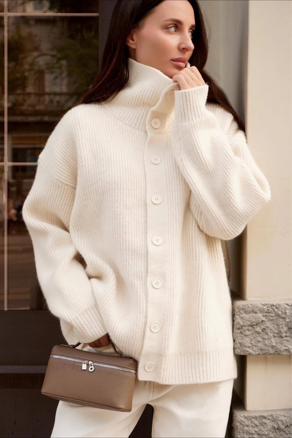 Solid Turtleneck Loose Lazy Sweater White / S